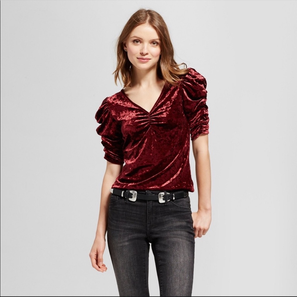 Red Mossimo Crushed Velvet Puff Sleeve Victorian Shirt Blouse XL Large